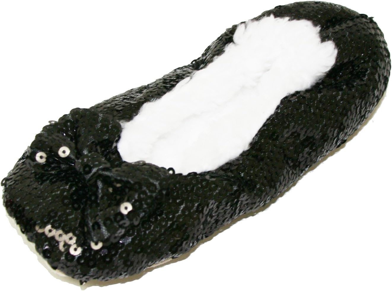 Happy Bull Slippers Socks for Girls Kids Sequins Sherpa Faux Fur Lining Winter Indoor Bootie Shoes (SLG-3004) Black L (1/2)