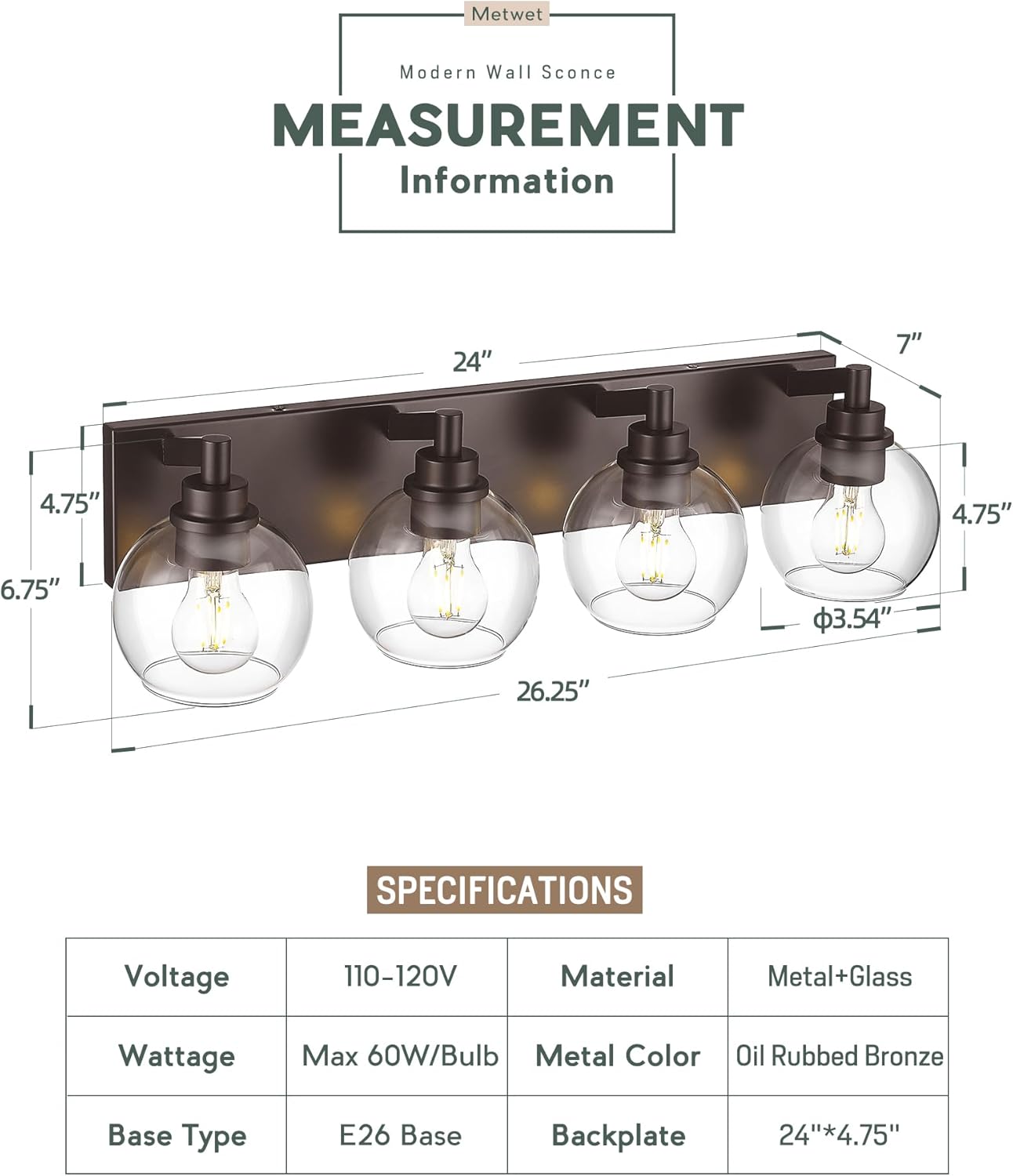 metwet bathroom light fixtures over mirror, 4-light oil rubbed bronze bathroom vanity light with globe clear glass shade, 26 inch modern sconces wall lighting, vl195-orb-4 oil-rubbed bronze 4-light