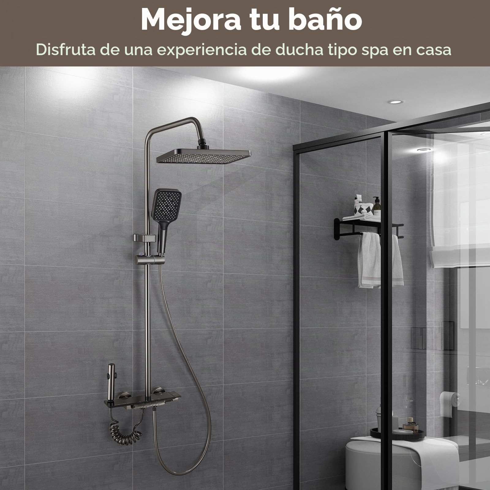 Columna de Ducha Negro con 4 Botones de Piano, Sistema de Ducha con Rociador de Lluvia y Ducha de Mano, Conjunto de Ducha Ajustable en Altura 67-107cm para Baño-D5