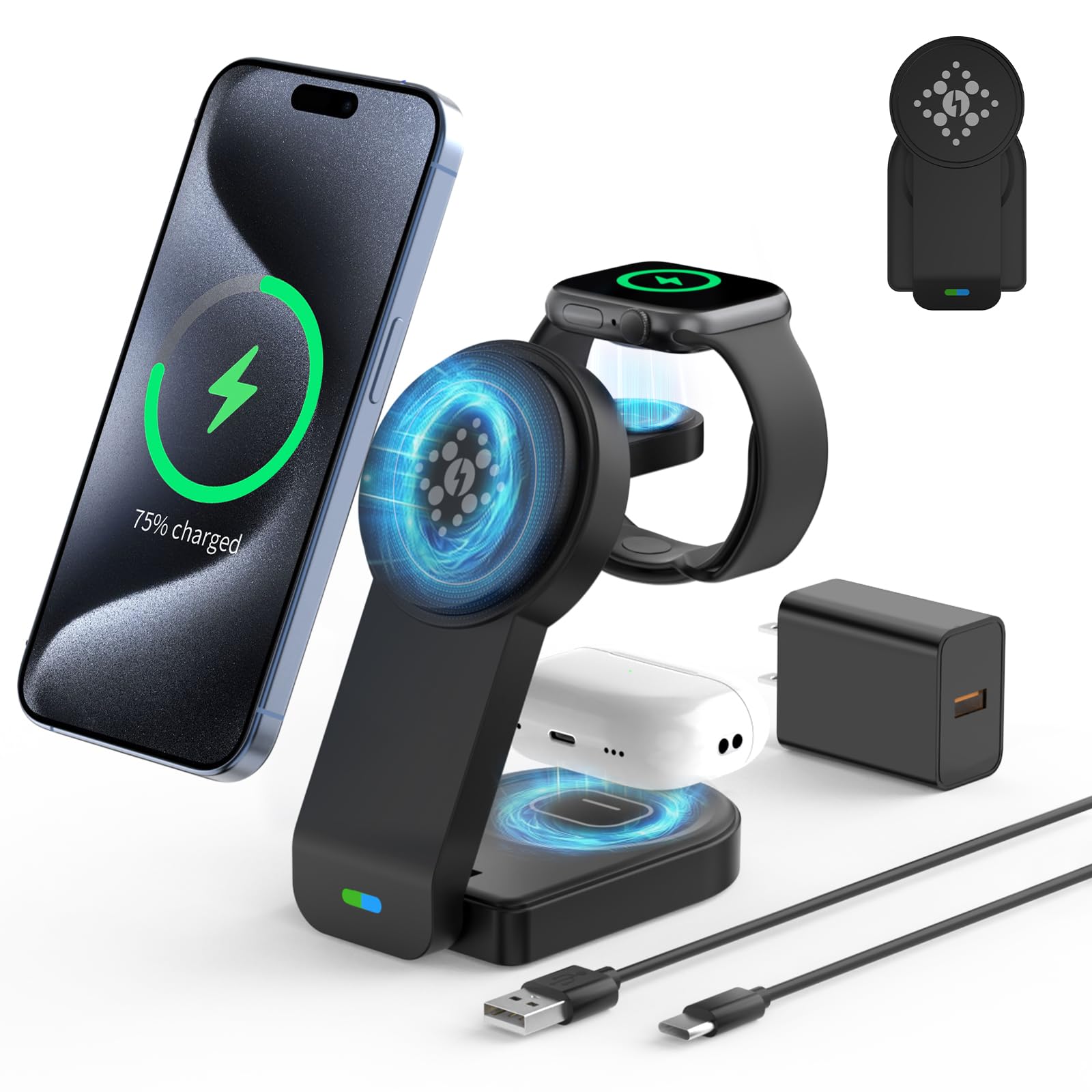 3 in 1 Wireless Charging Station Compatible with Apple Devices,Foldable Magnetic Wireless Charger for iPhone 15/14/13/12,Apple Watch Ultra 2/Ultra/Seires 9/8/7/6/5/4/SE/SE 2,Air-Pods 3/Pro/2(Black)