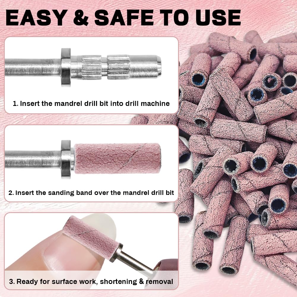 flintronic 100 Piezas Bandas de Lijado de Uñas de Grano 180, Bandas para Lijar Uñas, con 2 Brocas de Mandriles Mejorados de 3/32 Pulgadas, para Gel y Naturales, para Manicura y Pedicura