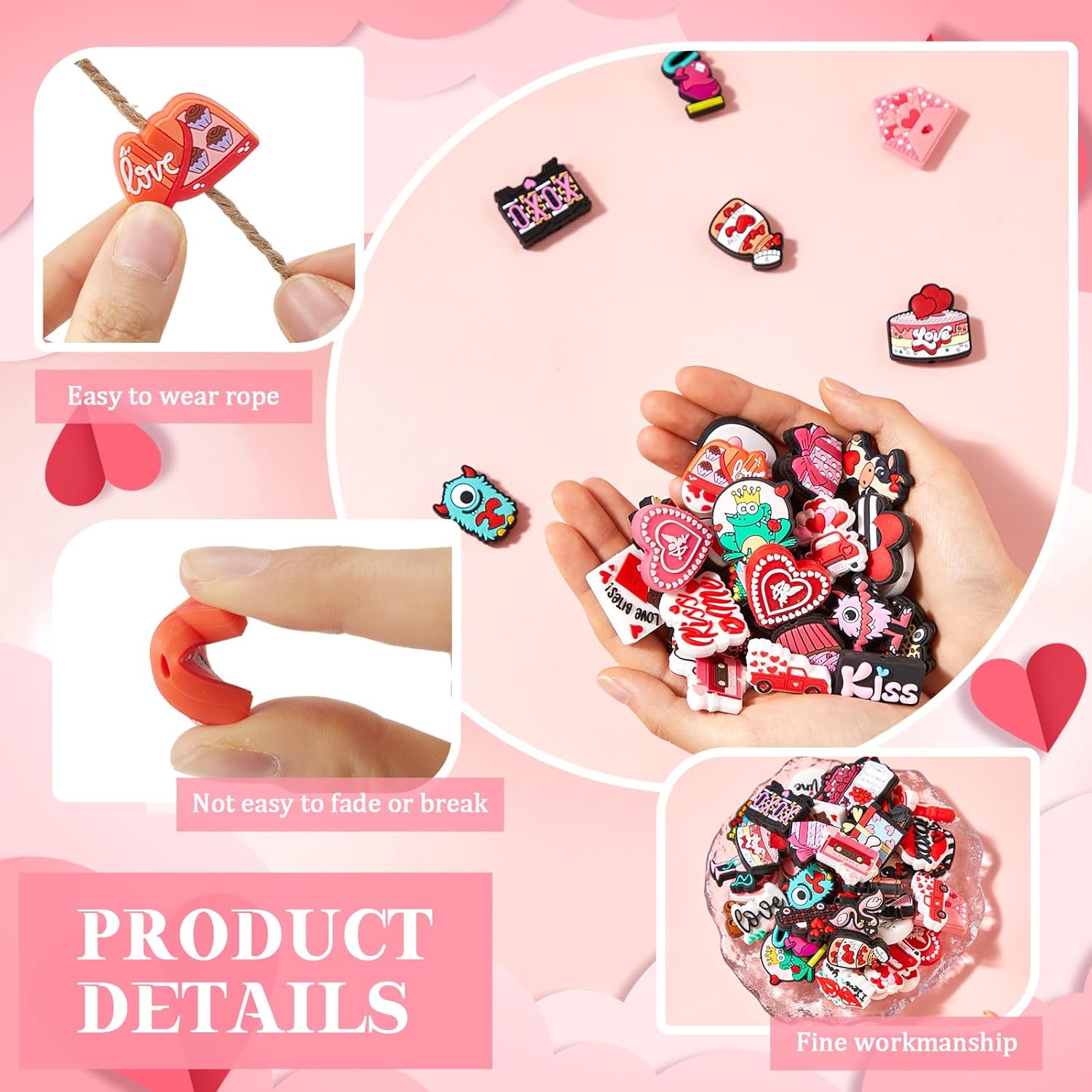 Watersay 50 PCS Valentine's Day Focal Beads for Pen Colorful Valentine Silicone Charms DIY Love Hearts Loose Spacer Beads Bracelet Necklace Making Handmade Crafts(Mix Style)