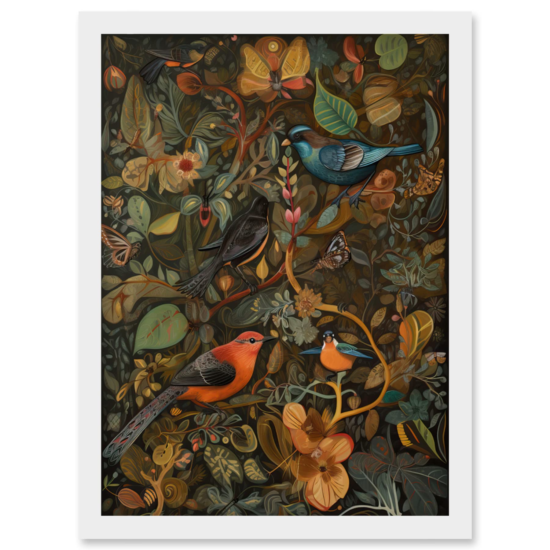 Artery8 Framed Wall Art Print - Birds and Butterflies on Autumnal Tree - Folk Art Artwork - A4