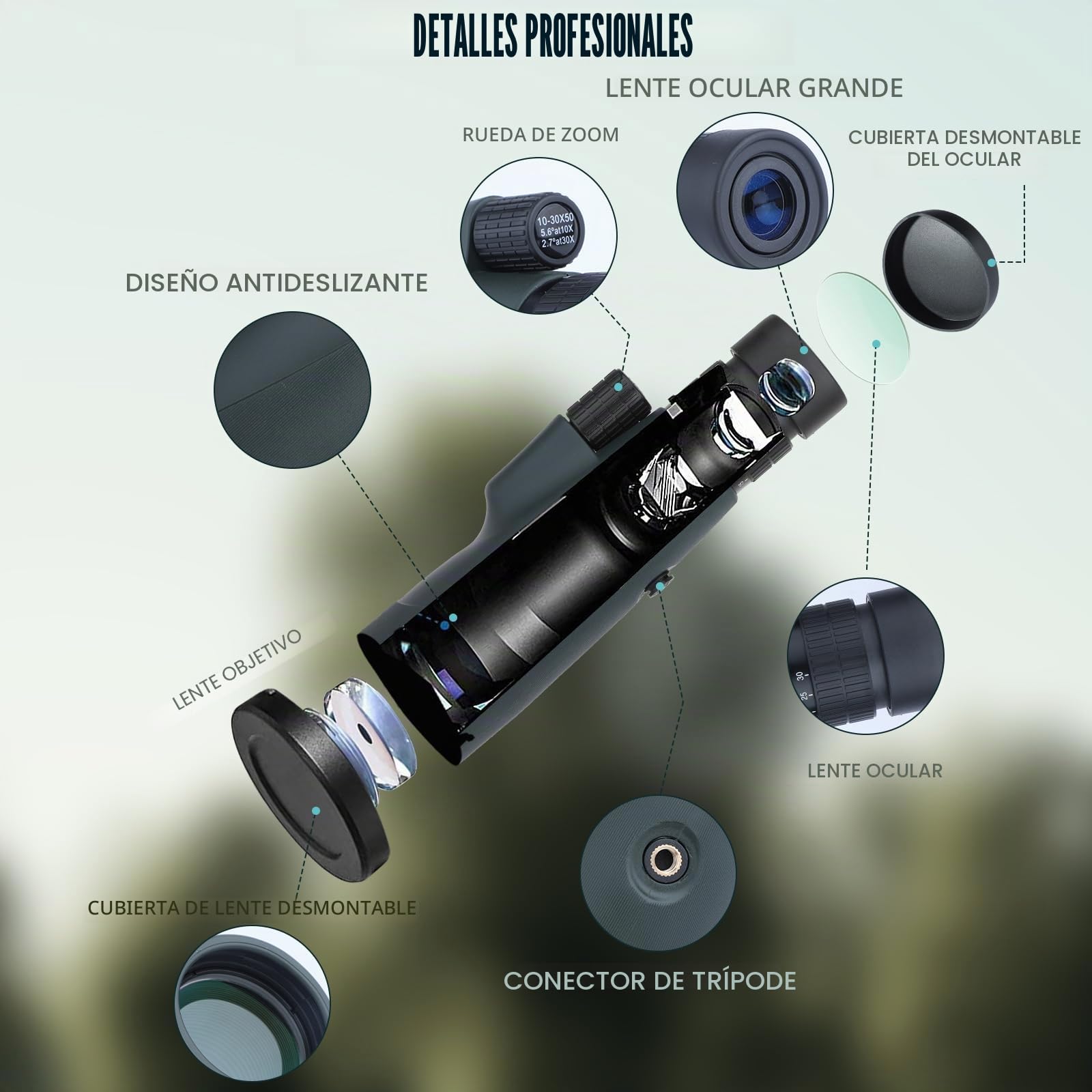 Telescopio Monocular 10-30x50 para Adultos, Telescopio Monocular Resistente al Agua HD con Teléfono Inteligente para Observación de Aves, Senderismo,Caza, Camping, Viajes (Green)