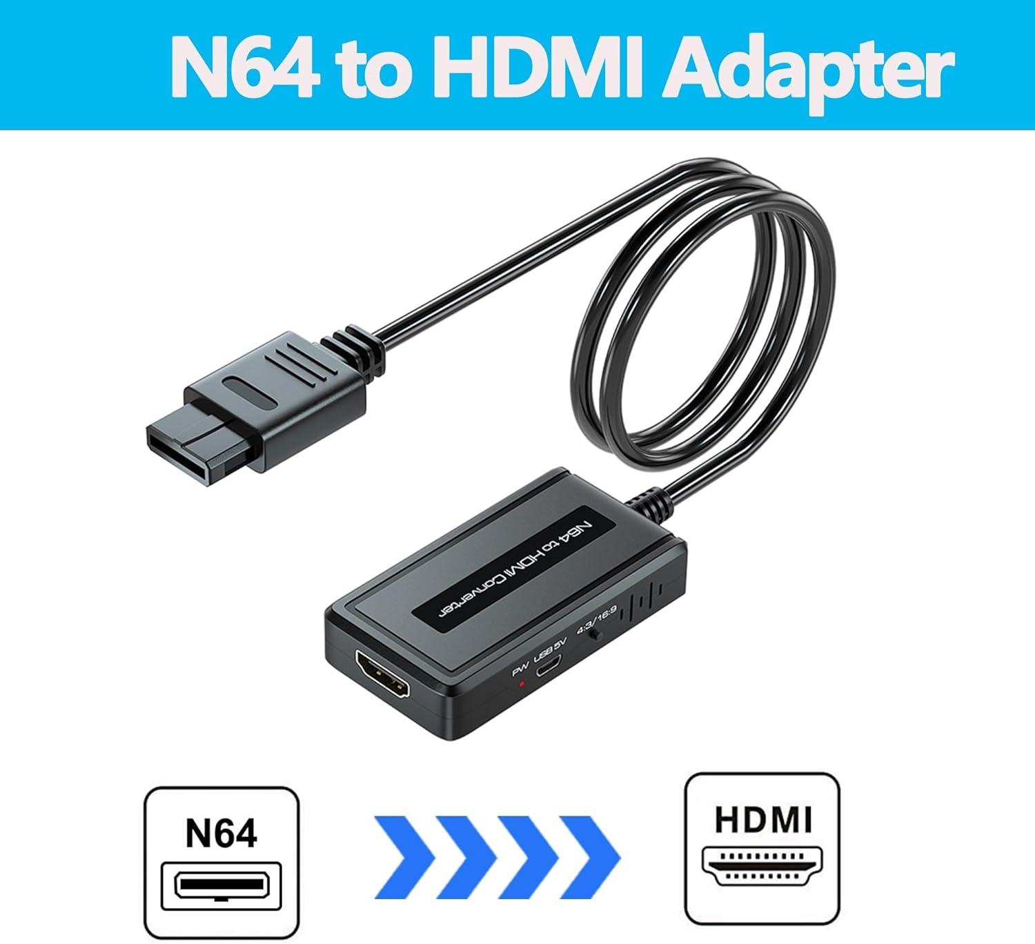 N64 to HDMI Adapter,Converter Adapter Supports 4:3/16:9 Aspect Ratio Switching Output,Compatible with Gamecube/N64/SNES/SFC Console,Converter with HDMI Cable and USB Cable - Image 4