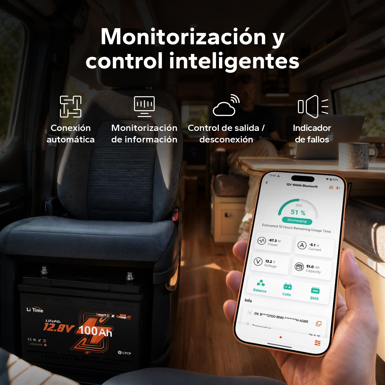 Batería de Litio LiFePO4 12V 100Ah con Bluetooth, Batería para Asiento DIN H5 (AI168 mm) para Autocaravana con BMS de 100A, Protección de Baja Temperatura, Asiento Giratorio, Barco y Sistema Solar Off