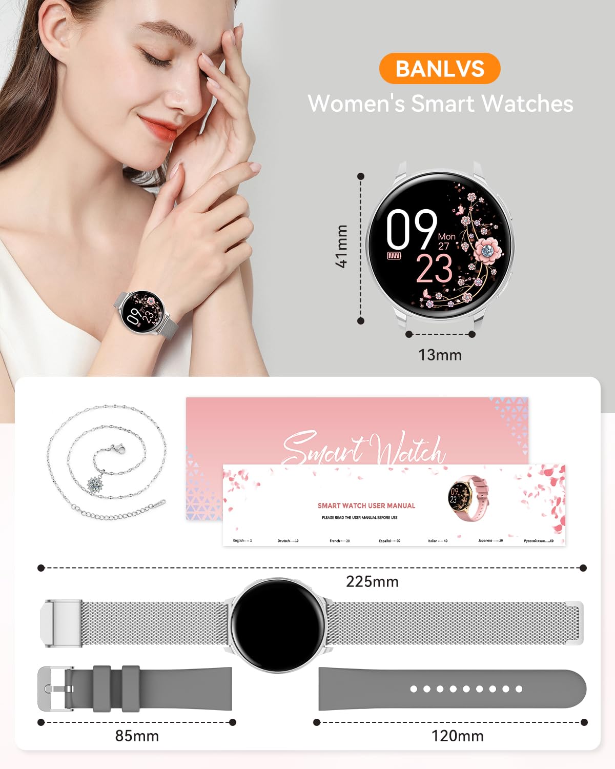 Smartwatch Donna, 1.27” Orologio Fitness con Chiamata Bluetooth, 110 Modalità Sportive, Ciclo Mestruale, Cardiofrequenzimetro SpO2, IP68 Impermeabile Smartwatch per Android iOS Argento