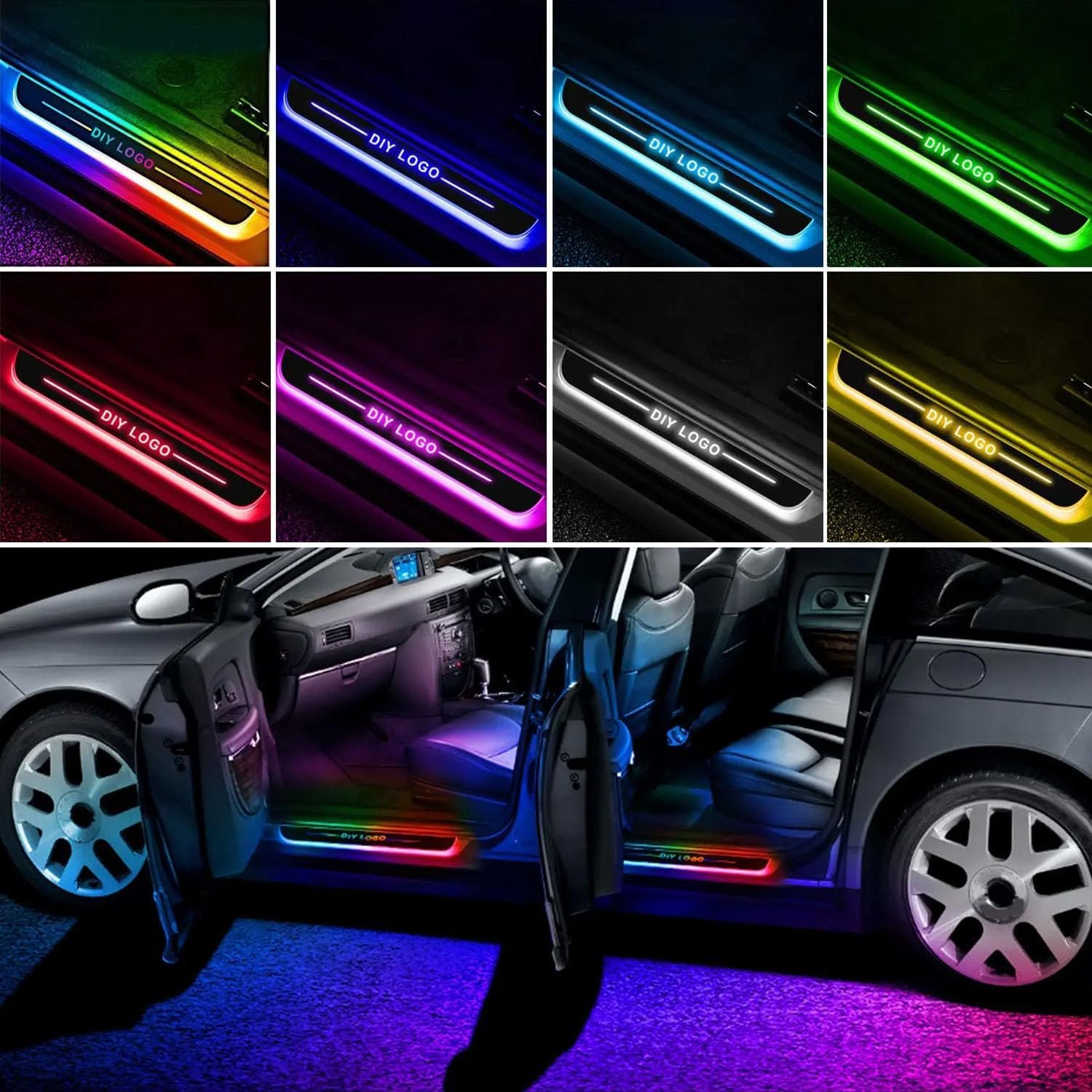 Led Door Sills for Car, Custom Logo Or Text Car Door Sills Led Magnetic, 7 Colors/28 Change Modes Car Door Welcome Courtesy Lights, Auto-Sensing, Car Pedal Light