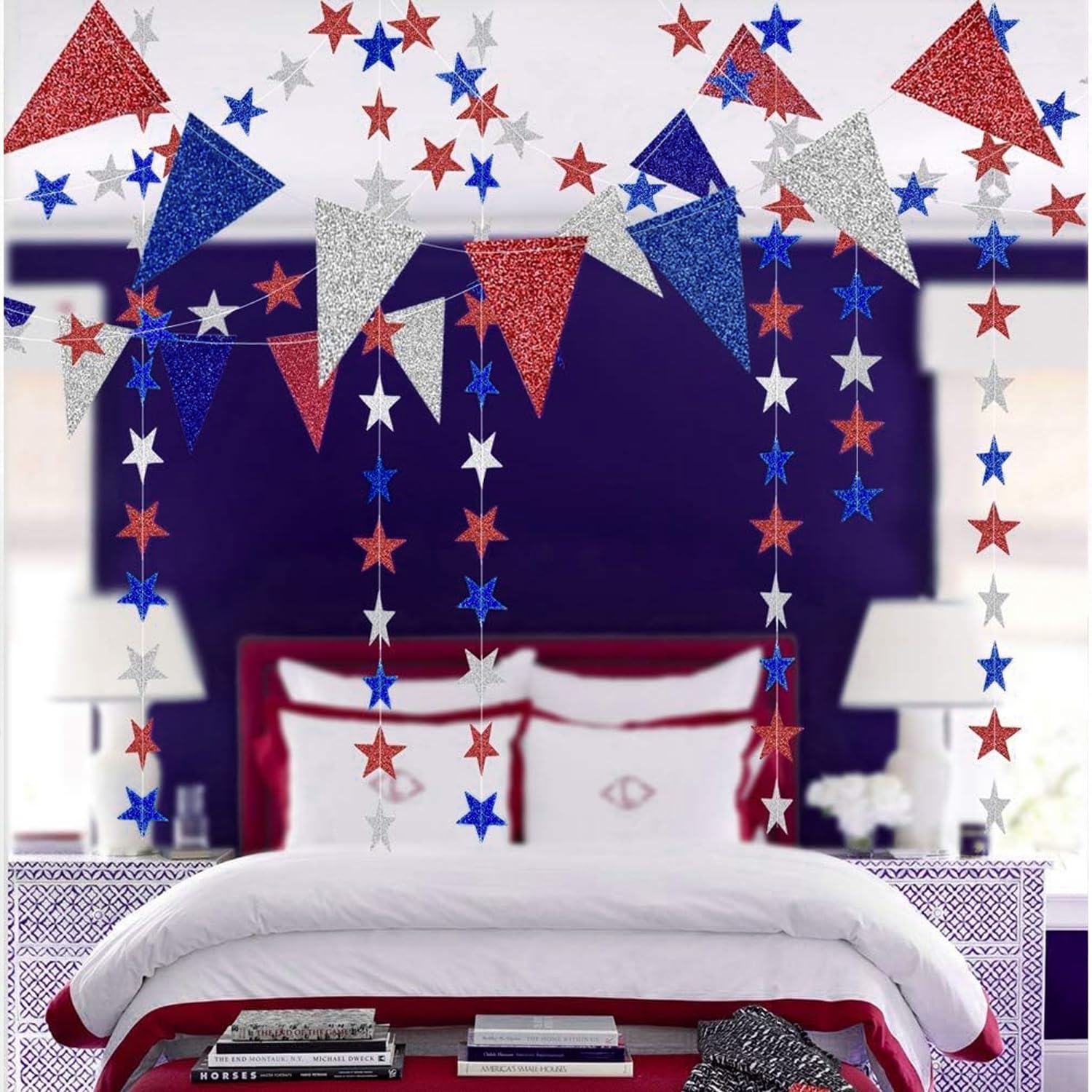 Decor365 Czerwony Niebieski Biały/Srebrny Girlanda Gwiazda Trójkąt Proporczyk Baner Zestaw 4/Czwarty Lipca USA Ameryka Niezależny Dzień Uroczystości Dekoracja Impreza Wisząca Dekoracja na Dzień