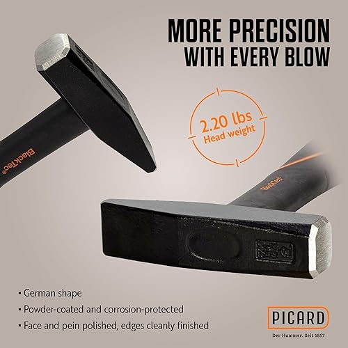 Miniatura 9 de Picard Martillo remachador BlackTec 10.58 oz - Patrón alemán, cruz Peen, cabeza de acero de aleación, recubrimiento en polvo negro, baja vibración