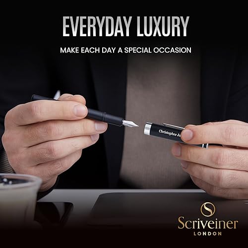 Vista 88 de Scriveiner Pluma estilográfica EDC de lujo (fina), impresionante bolígrafo de bolsillo negro mate, acabado cromado, punta alemana Schmidt, 11. Negro