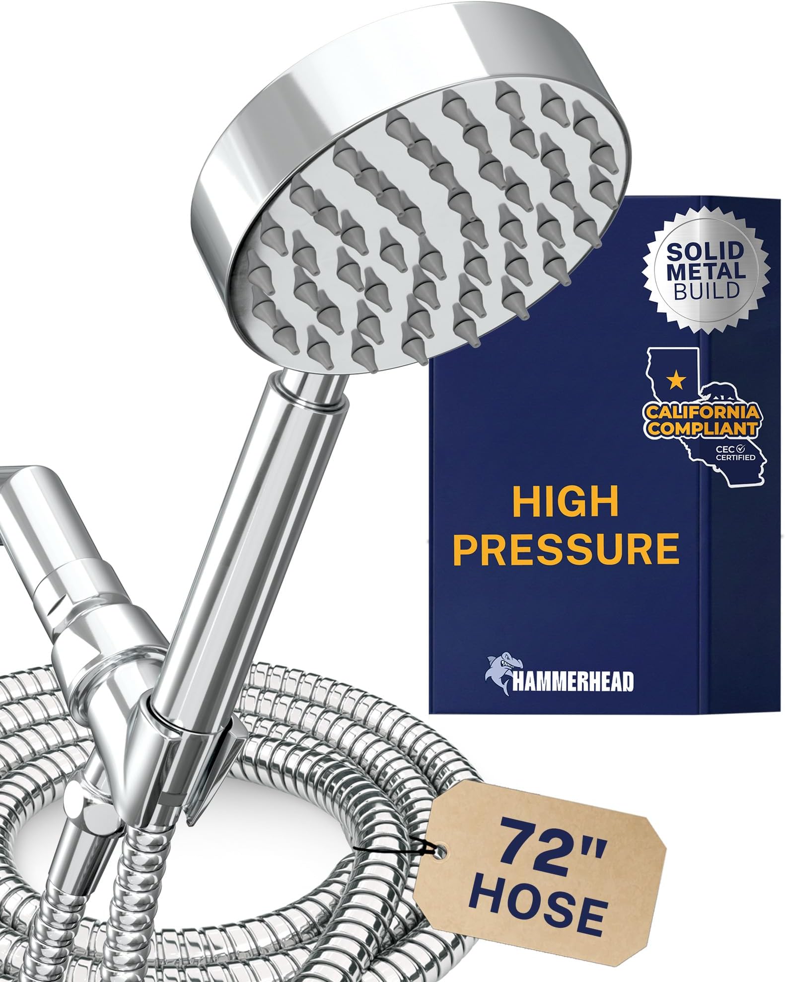 Solid Metal LOW FLOW Handheld Shower Head with Hose and Brass Holder - CHROME – Water Saving 1.75 GPM Detachable Shower Head - Adjustable Shower Wand Bracket & 6ft Hose