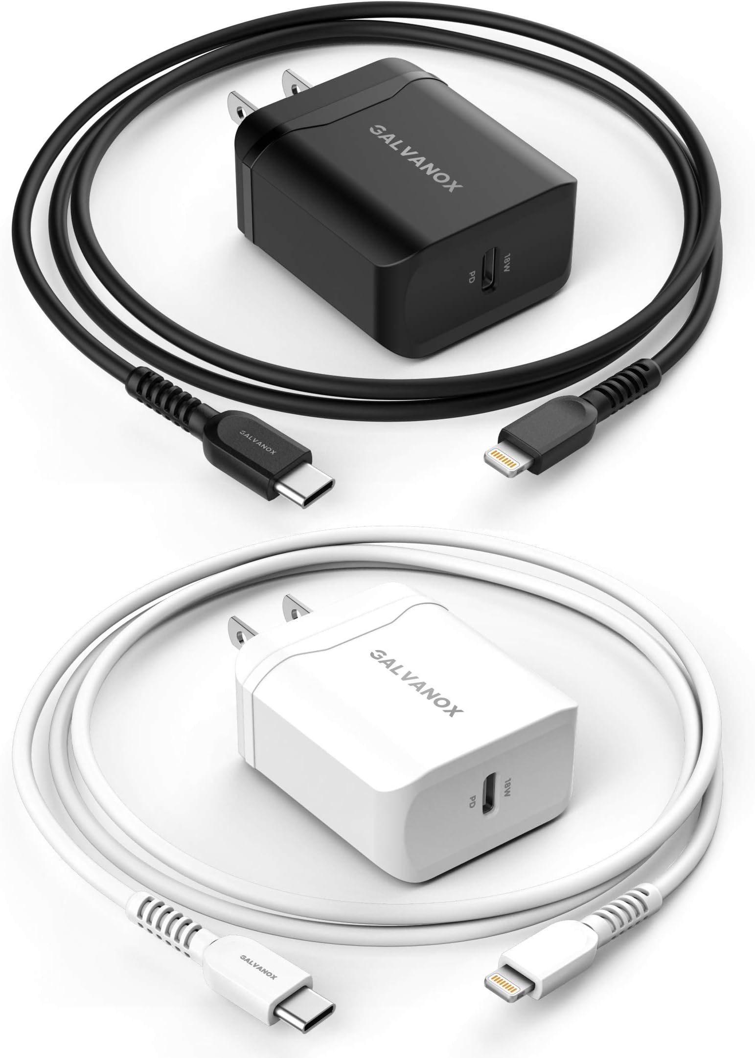 Galvanox Fast iPhone Charger (2 Pack) Apple Certified USB Type C to Lightning Cable with PD (18W Rapid Charging) Wall Plug Power Adapter (1 Black Set - 1 White Set) for iPhone 11/12/13 Pro Max