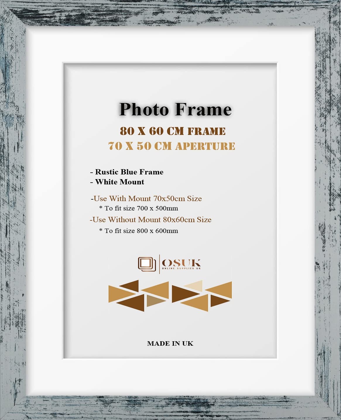 OSUK Rustic Blue 80x60 cm Frame With 70x50 cm White Mount - Modern Photo Frames With Clear Perspex Front & Wall Mounting Poster Frame - 80 x 60cm Frames With 70 x 50cm Mounts