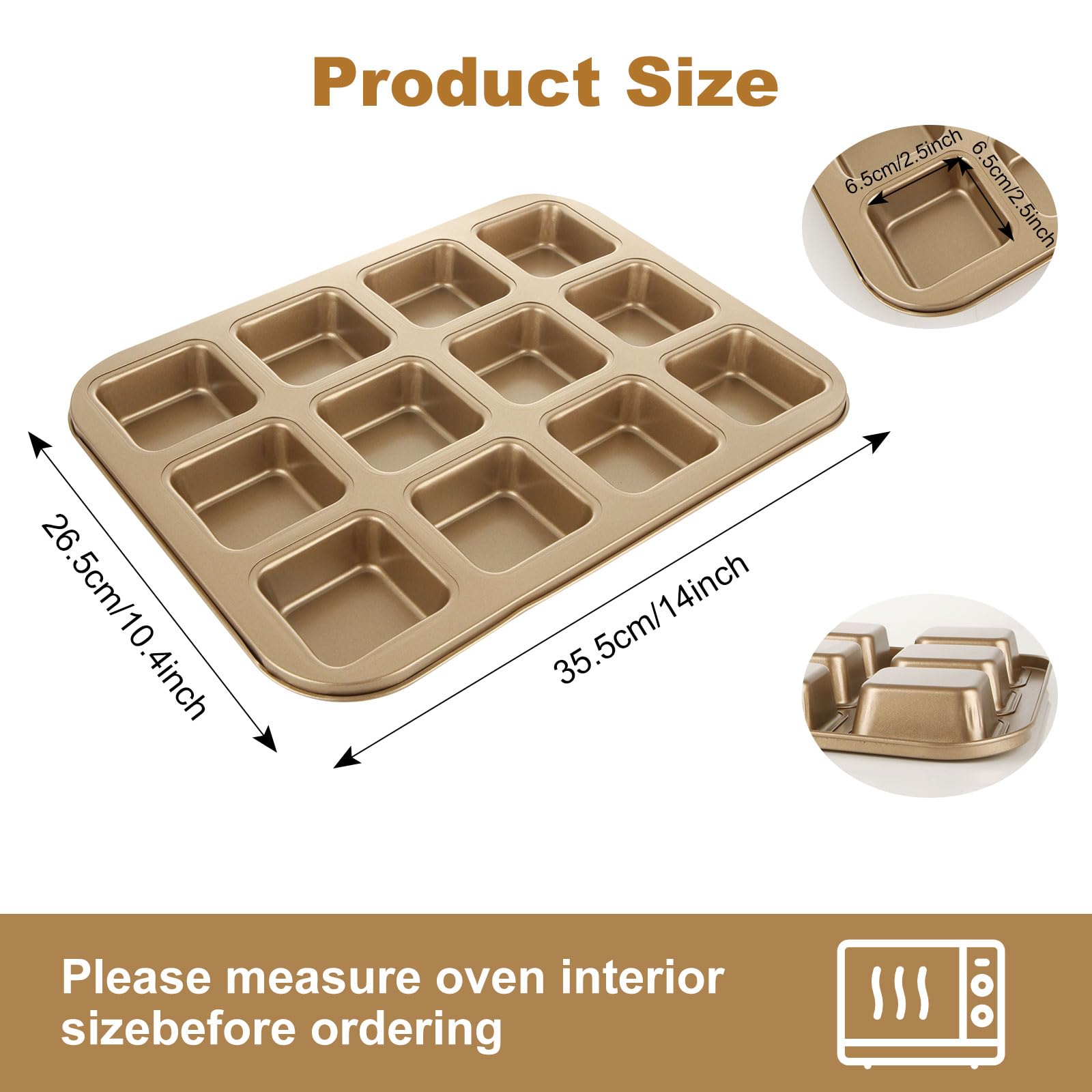 YAYODS 3 Pack Brownie Pan with Dividers 12 Cavity Square Muffin Pans Nonstick All Edges Brownie Pan, Baking Pan for Cornbread, Cupcakes, Tart, Muffin Cakes, Cookie, Bread (Gold)