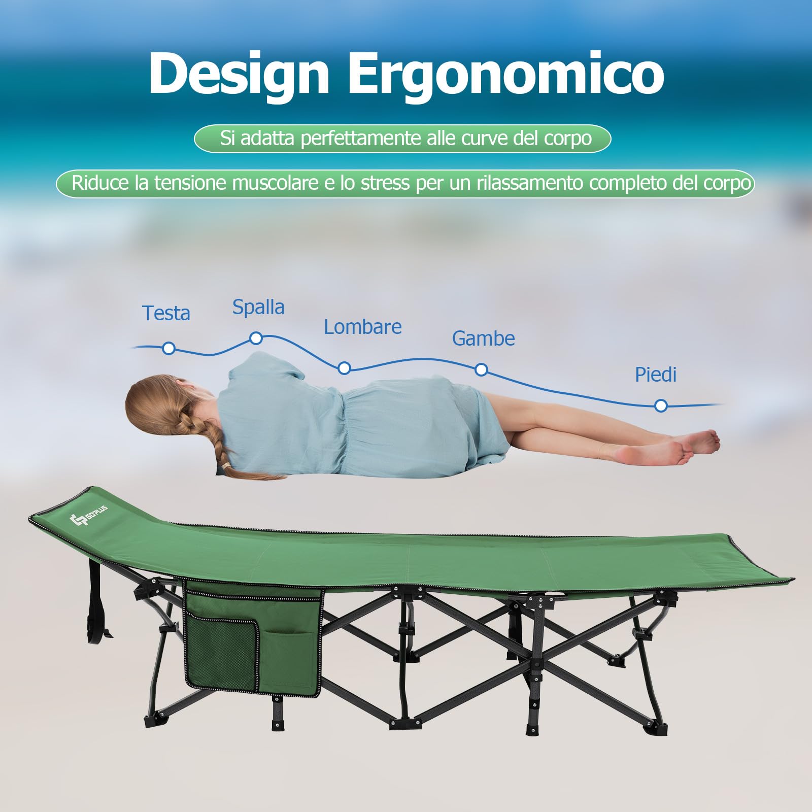 GYMAX Lettino da Campeggio Pieghevole Pesante con Poggiatesta Inclinato Tasca Laterale Borsa di Trasporto Supporta 272kg, Lettino Portatile per Escursioni, Pisolini a Lavoro