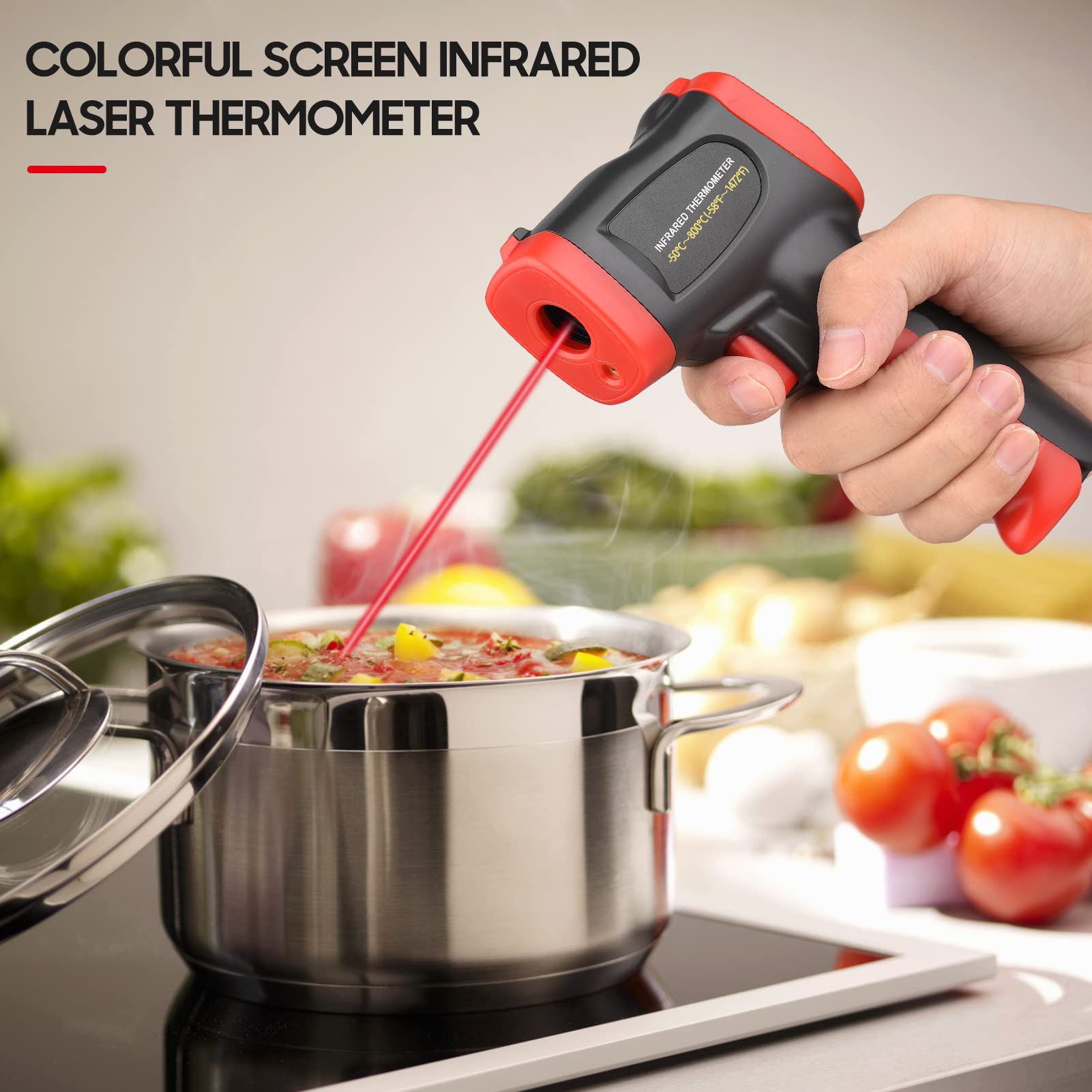 -50℃~800℃ /-58℉~1472℉ Termometro a infrarossi a schermo colorato, tester di temperatura digitale senza contatto, temperatura pirometro per cucinare in cucina, barbecue,