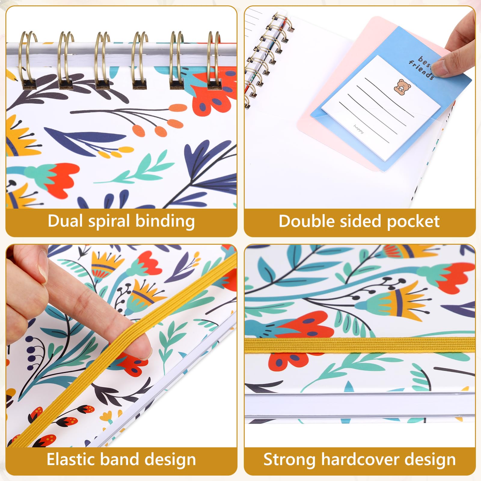 Resurhang Paquete de 6 cuadernos en espiral A5 con forro de tapa dura para mujer con 2 bolsillos, diario floral vintage con espiral, cuadernos rayados universitarios, 160 páginas y 80 hojas para el