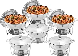 5qt Chafing Dishes for Buffet Set: Chafers for Catering - Round Chafing Dish Buffet Set with Lids | Chafers and Buffet Warmers Sets | Serving Food Warmer | Chafers Servers Sets (6 PCS, 5QT)