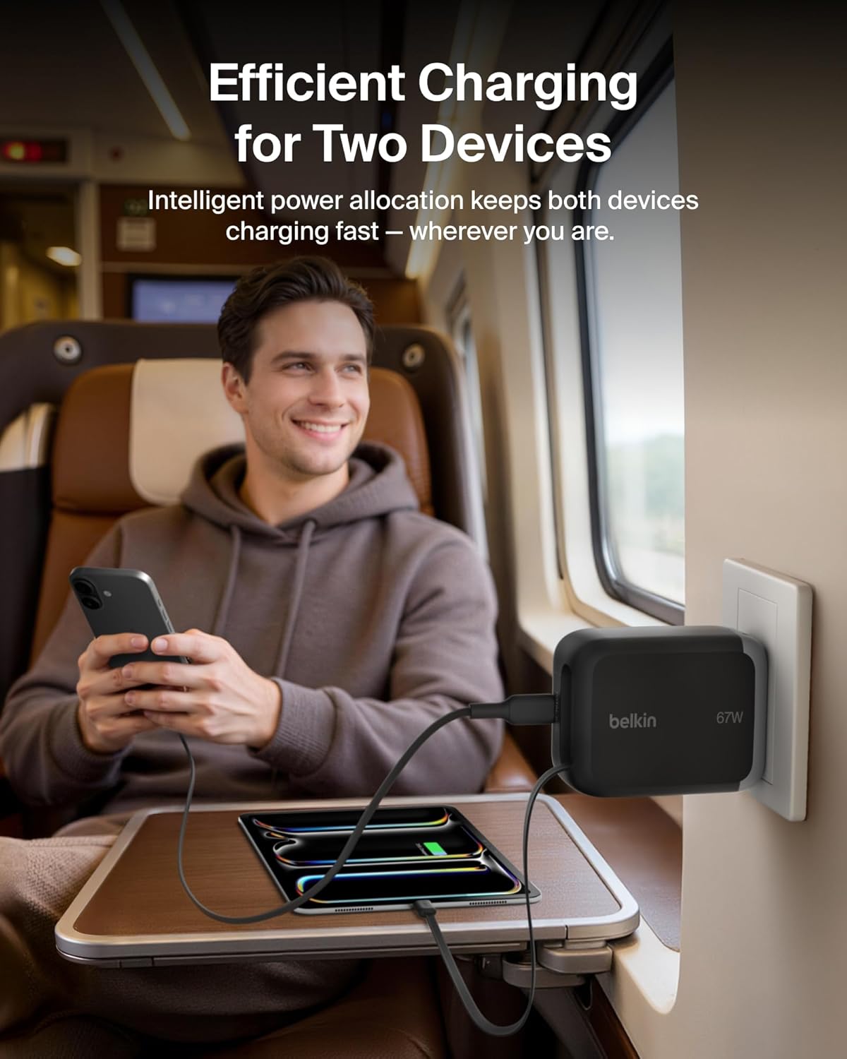 Belkin USB C Retractable Wall Charger, 67W Max GaN Fast Charging Block w/Built-in, Extra-Long 3.3ft Retractable Cable - iPhone Charger for iPhone 17/16 Series, Galaxy, MacBook, AirPods, iPad, & More