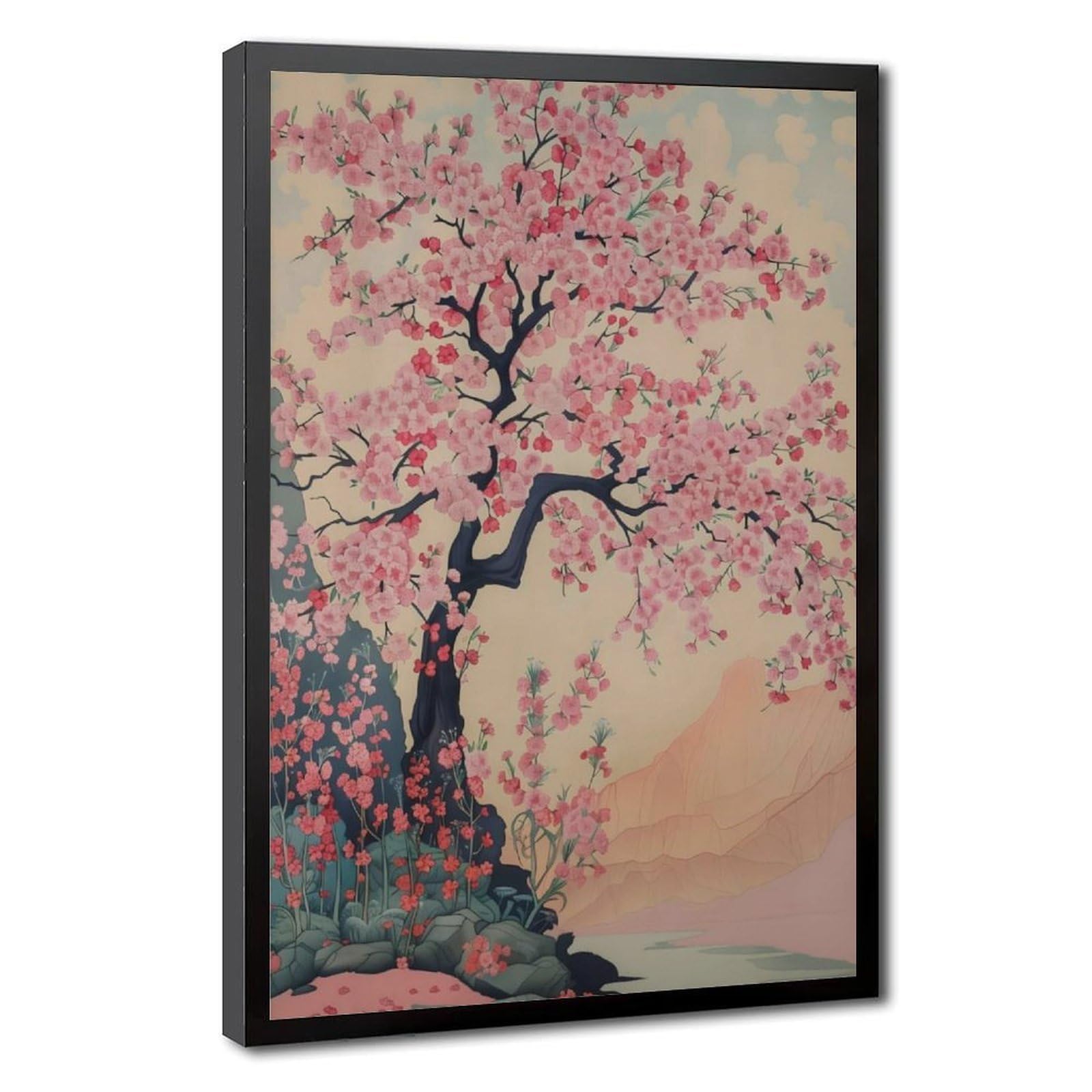 Lxwnze Black Frame-Style Cherry Blossom Tree Japanese Tree Canvas Poster For Office Decor Gift