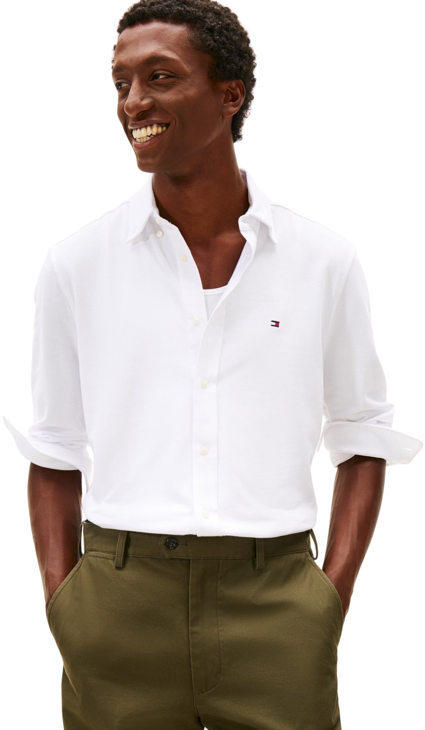 Tommy Hilfiger Męska dzianinowa koszula Pique Featherweight MW0MW41690 L/S Koszula, biała, L, Biały (biały), L