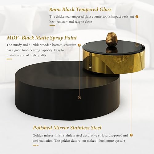 Miniatura 4 de Mesa de centro redonda giratoria de 41 pulgadas con mesa giratoria de 360° y diseño de 2 niveles, decoración de metal negro mate y dorado, mesa Mate