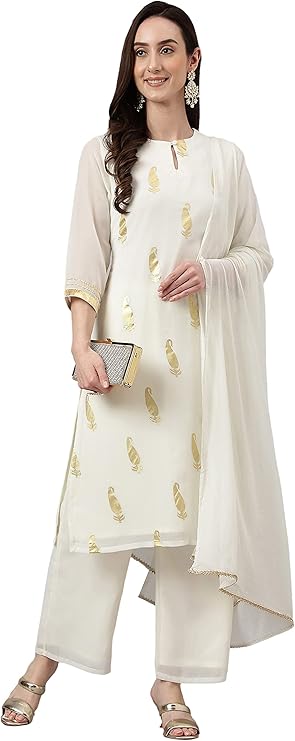 Janasya Indian Women&#39;s Off White Georgette Foil Print Kurta with Palazzo and Dupatta