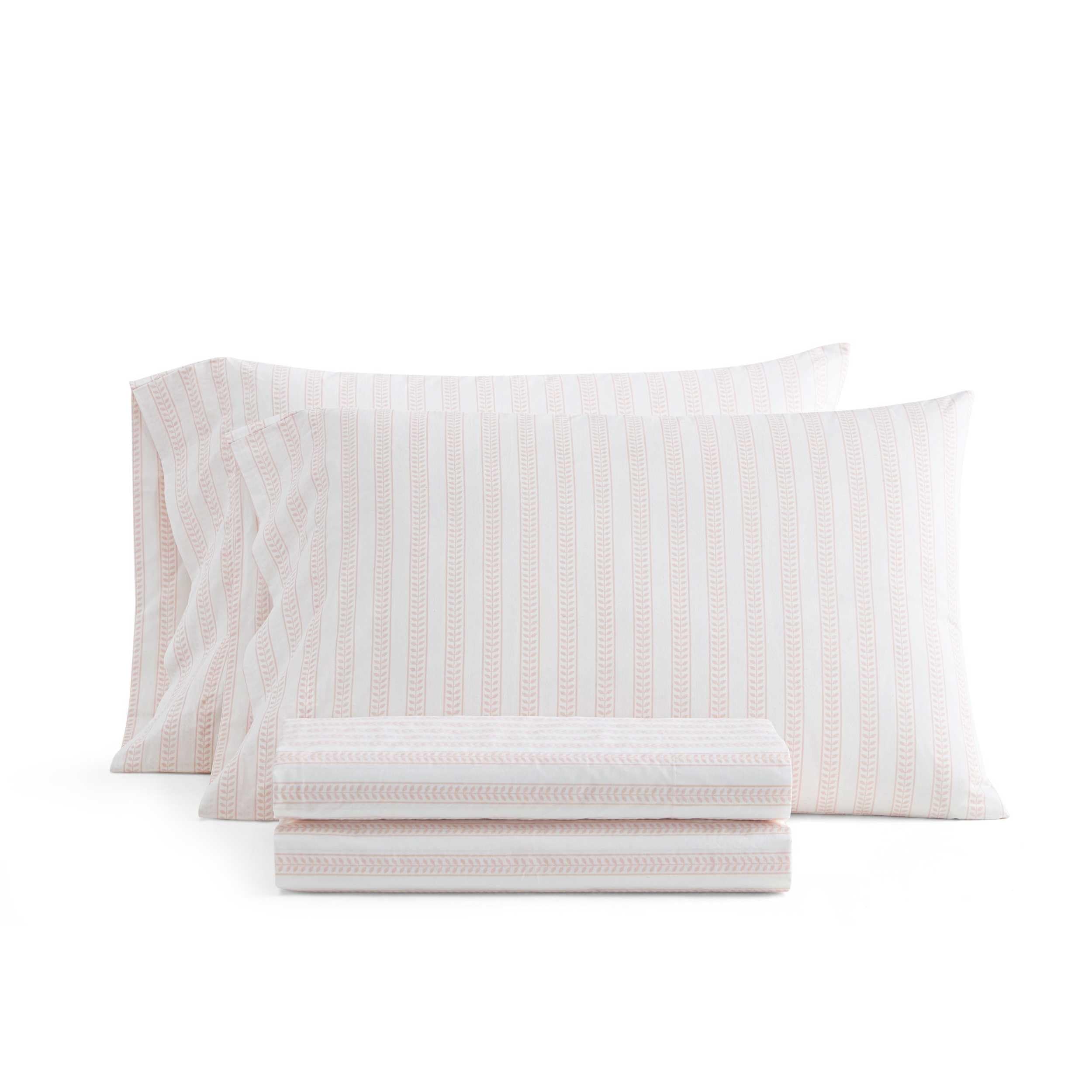 Martha Stewart - Full Size Sheet Set, Crisp &amp; Tailored Sheets with a Smooth Cotton Percale Feel - Striped Bed Sheets with Matching Pillowcases &amp; Fitted Sheet (Leaf Stripe Pink)