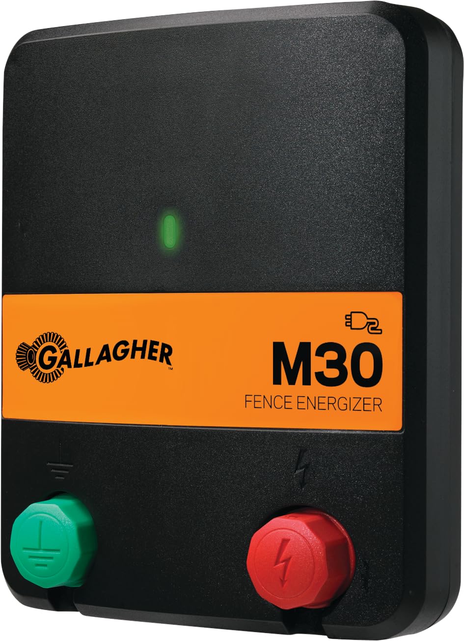 Gallagher M30 Electric Fence Charger | 0.3 Joules for Gardens, Pets, & Small Livestock | Powers Up to 5 Miles Clean or 2 Miles Typical Fence | Compact
