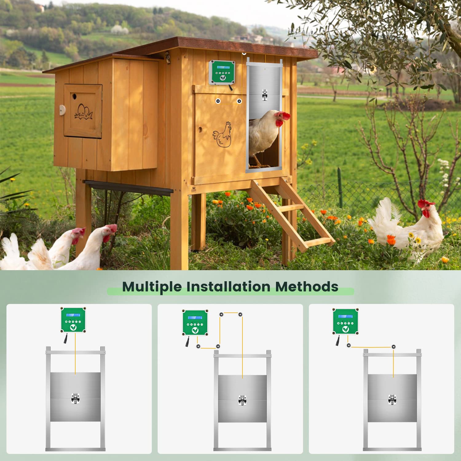 Abrepuertas Automático Gallinero IP65 Impermeable 2 Mandos Temporizador Sistema Elevación Puerta Batería Solar