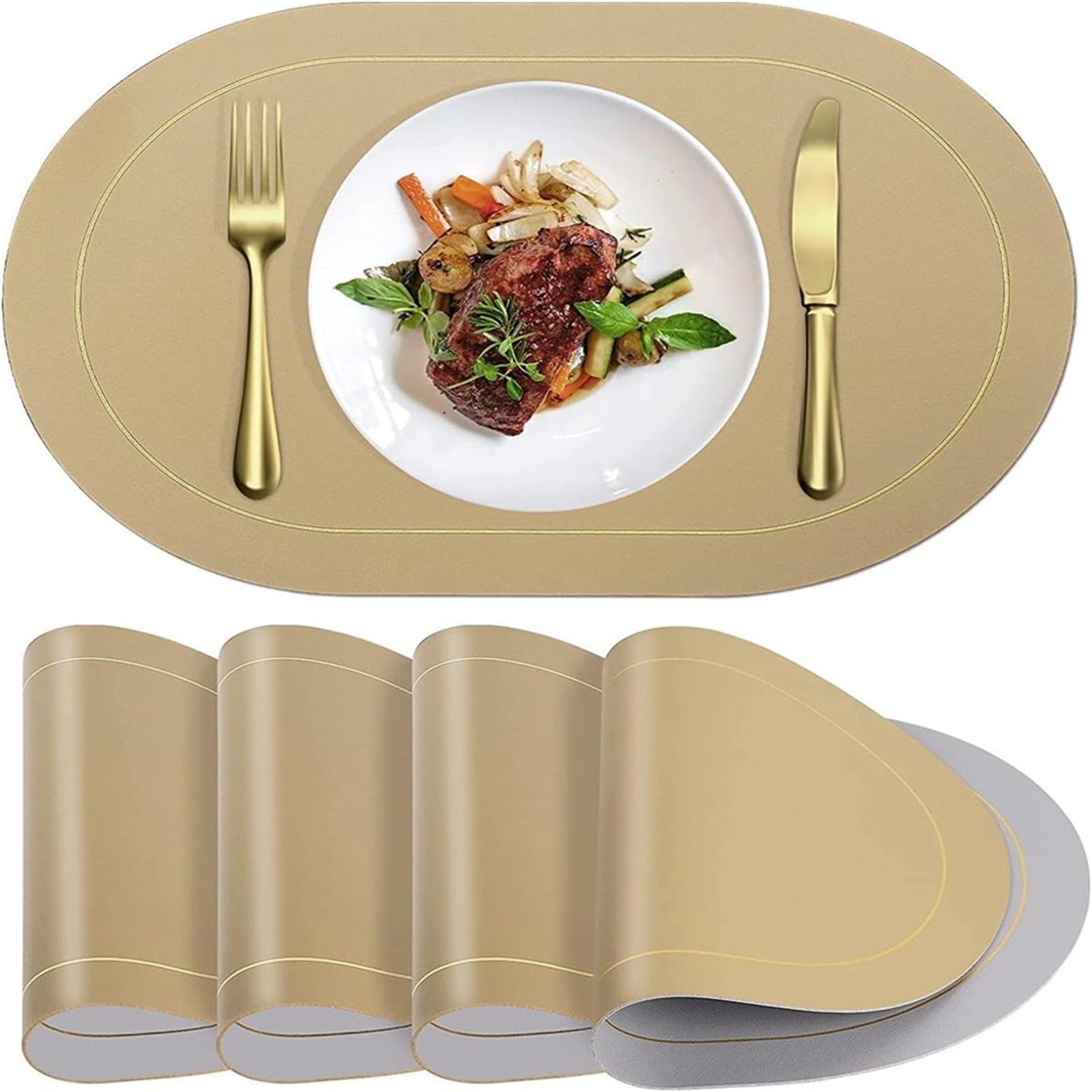 Faux Leather Placemats Sets de Table en Similicuir, Design Ovale Double Face, imperméables, lavables, for la Cuisine et Salle à Manger(Yellow,6PCS 45x30CM)