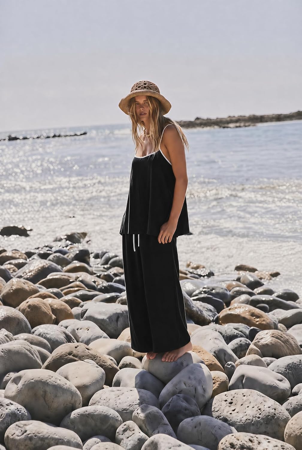 2 Piece Sets for Women Summer Casual Lounge Spaghetti Strap Top Wide Leg Pants Matching Set Vacation Travel Outfits