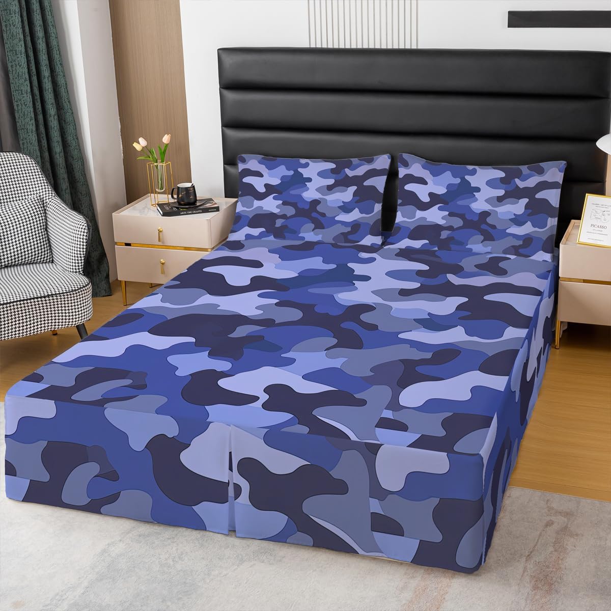 Camouflage Bedskirt Light Purple Dark Blue Camo Bed Skirt Queen,Boys Girls Men Abstract Irregular Art Bed Skirts Retro Vintage Neutral Farmhouse Bedding Decor Army Themed Bedroom Decor