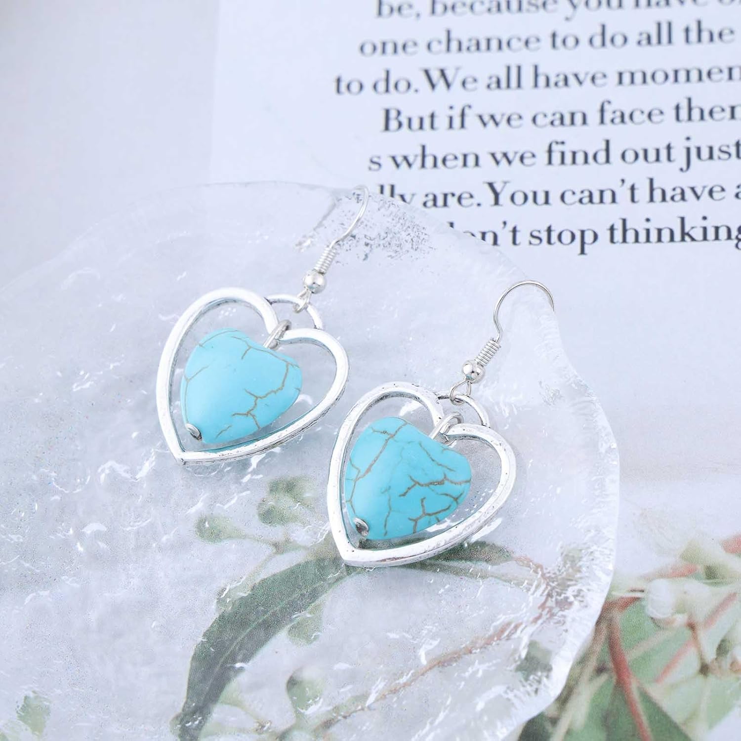 Bohemian Turquoise Dangle Earrings Silver Hollow Heart Drop Earrings Small Turquoise Stone Earrings Blue Turquoise Heart Hook Earrings Jewelry for Women Gifts - Image 5