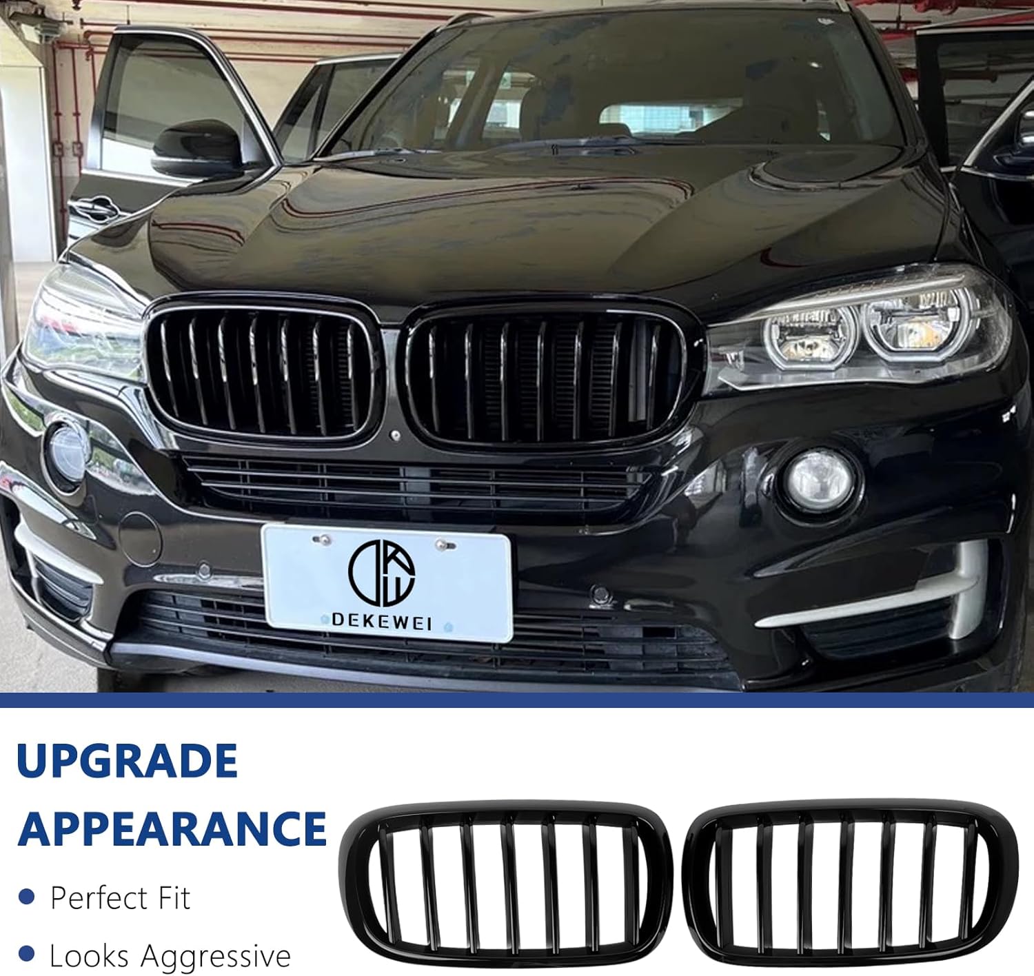 F15 Grill, Front Kidney Grille for 2014-2018 X5 Series F15 2015-2019 X6 Series F16 X5M F85 X6M F86 (Double Slats Gloss Black Grills, 2pcs)