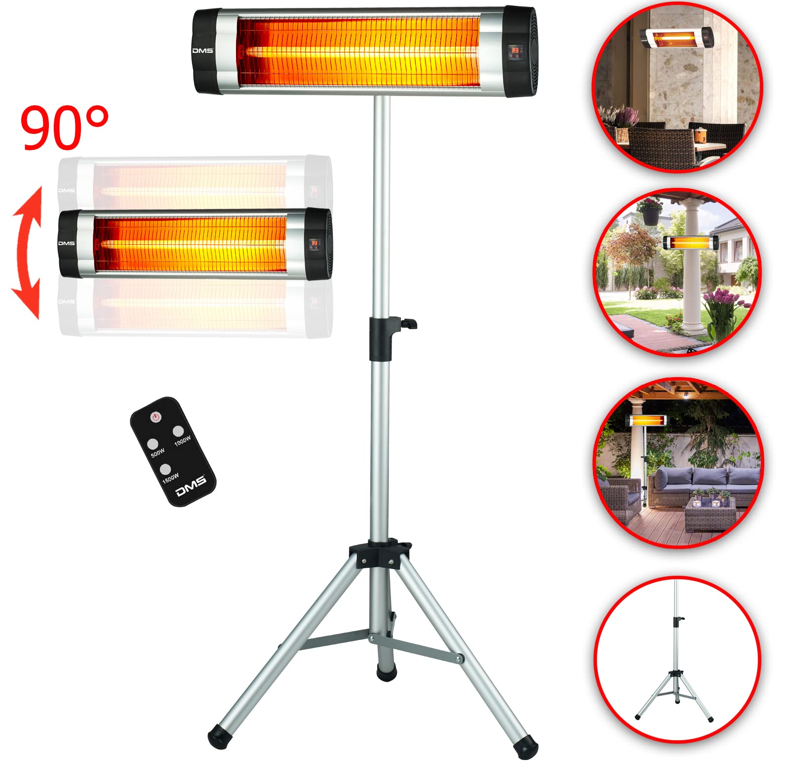 DMS® Infrarotstrahler Heizstrahler Wärmestrahler 2in 1 Terrassenstrahler Temperatur 3-Stufig höhenverstellbarem Teleskopstativ Wickeltischstrahler Terrassenheizer Quarzstrahler 2500W mit Fernbedienung