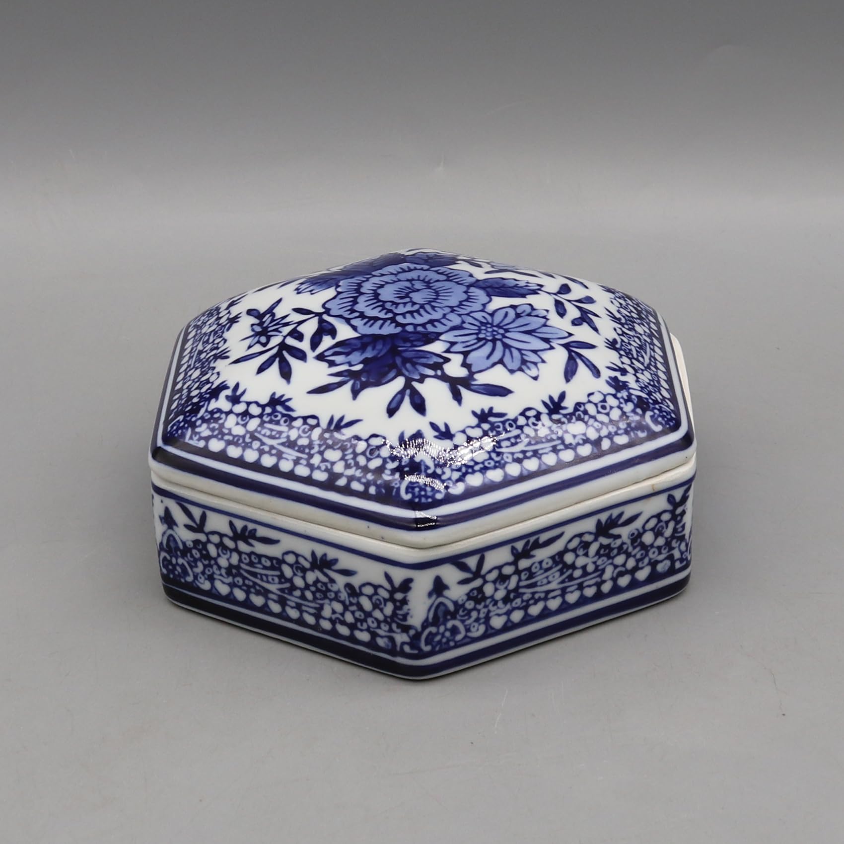 Eastern tide Decorative Porcelain Trinket Box, Blue and White Floral Design, Hexagonal Shape