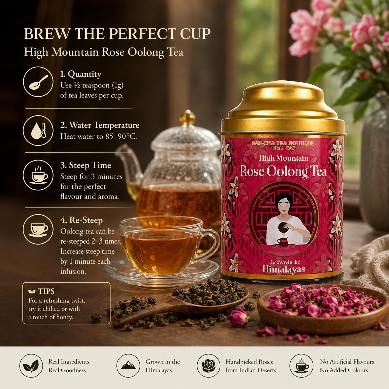 SAN-CHA Tea Boutique | Rose Oolong Tea | Semi-Fermented Himalayan Loose Leaf Tea | 50g | Sweet Floral Aroma | Since 1981 4