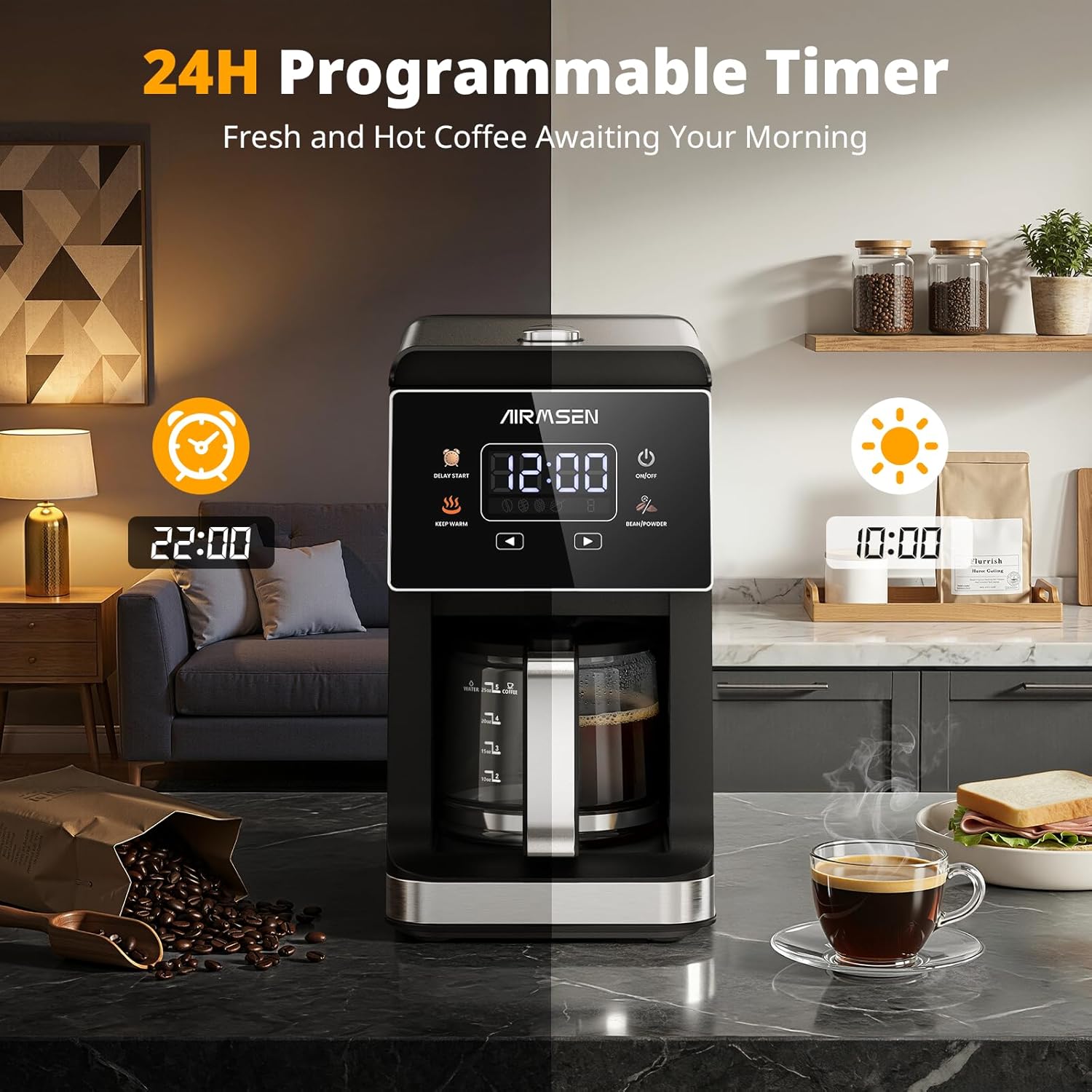 AIRMSEN Grind & Brew Coffee Maker with Built-in Grinder, Programmable Single Serve Coffee Maker - 5 Cup Capacity, 3 Grind Settings, Auto Keep Warm & Glass Carafe for Home and Office