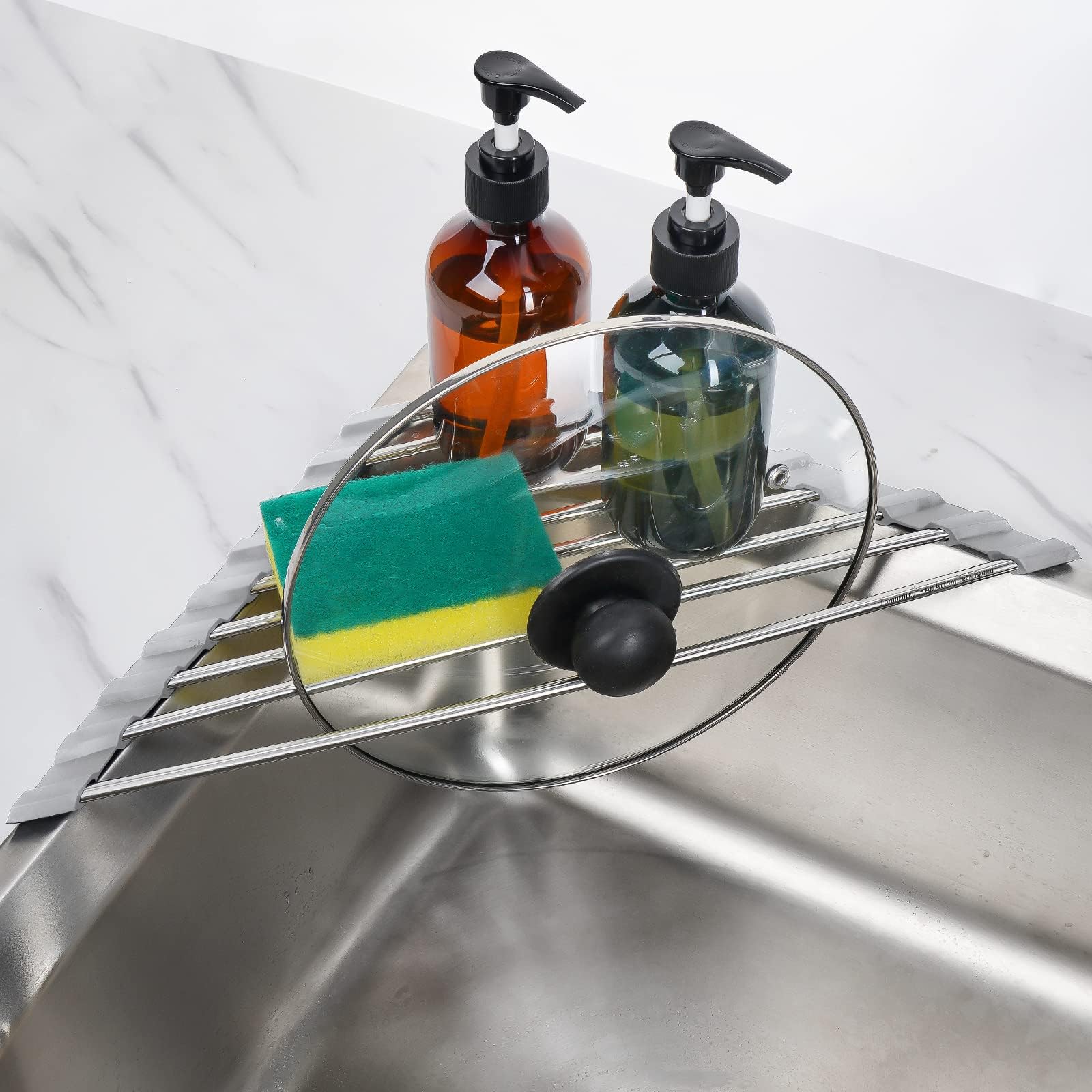 Topavatop Triangle Roll-Up Dish Drying Rack for Sink Corner صحن تجفيف الرف, Small Foldable Stainless Steel Over The Sink, Multipurpose Kitchen Drainer Caddy Organizer Storage, Space Saver