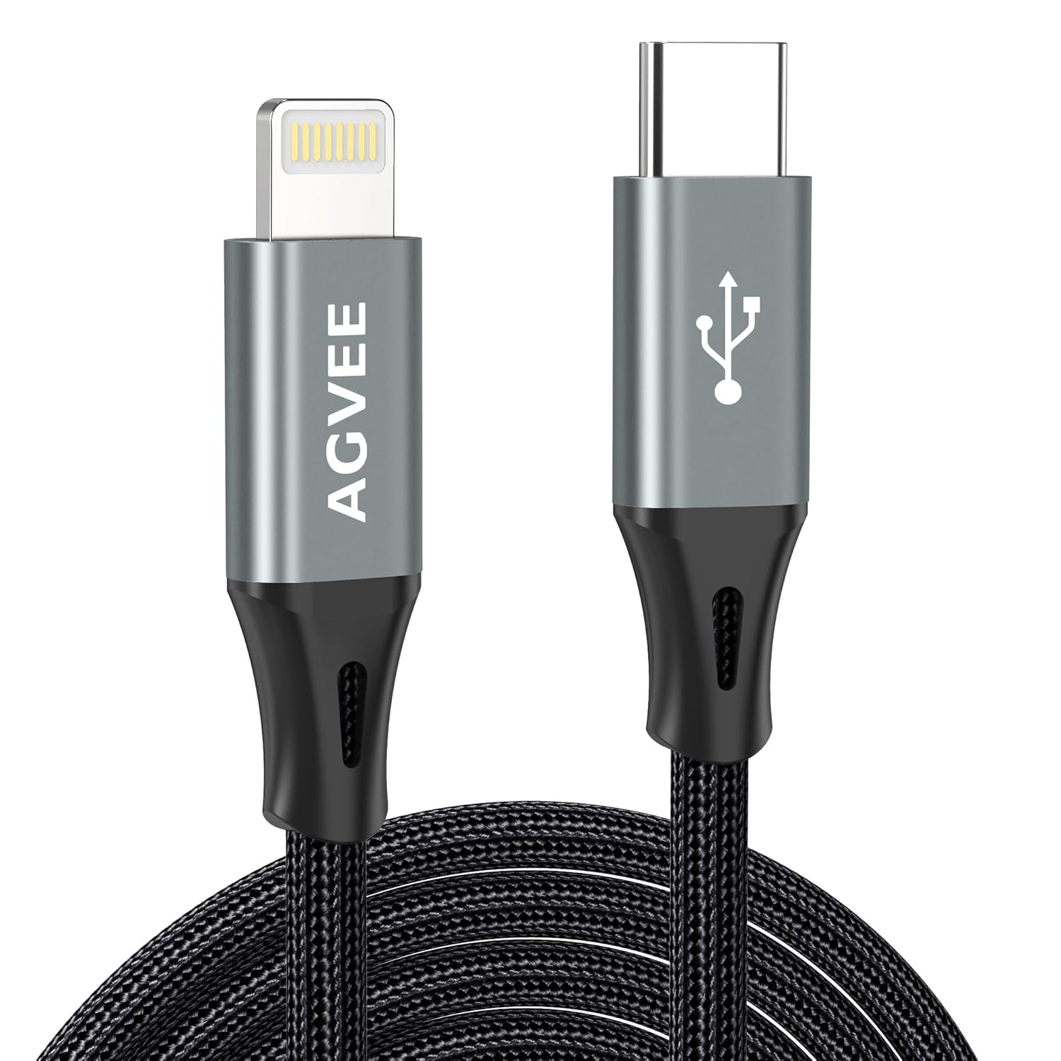 AGVEE 2 Pack 15ft 30W Extra Ultra Long USB-C to Lightning Cable, Braided MFI PD Type-C to 8 Pin Charger Cord i-Phone Charging Wire, for iPad Pro iPhone 14 13 12 11 Pro Max, Case Friendly, Dark Gray