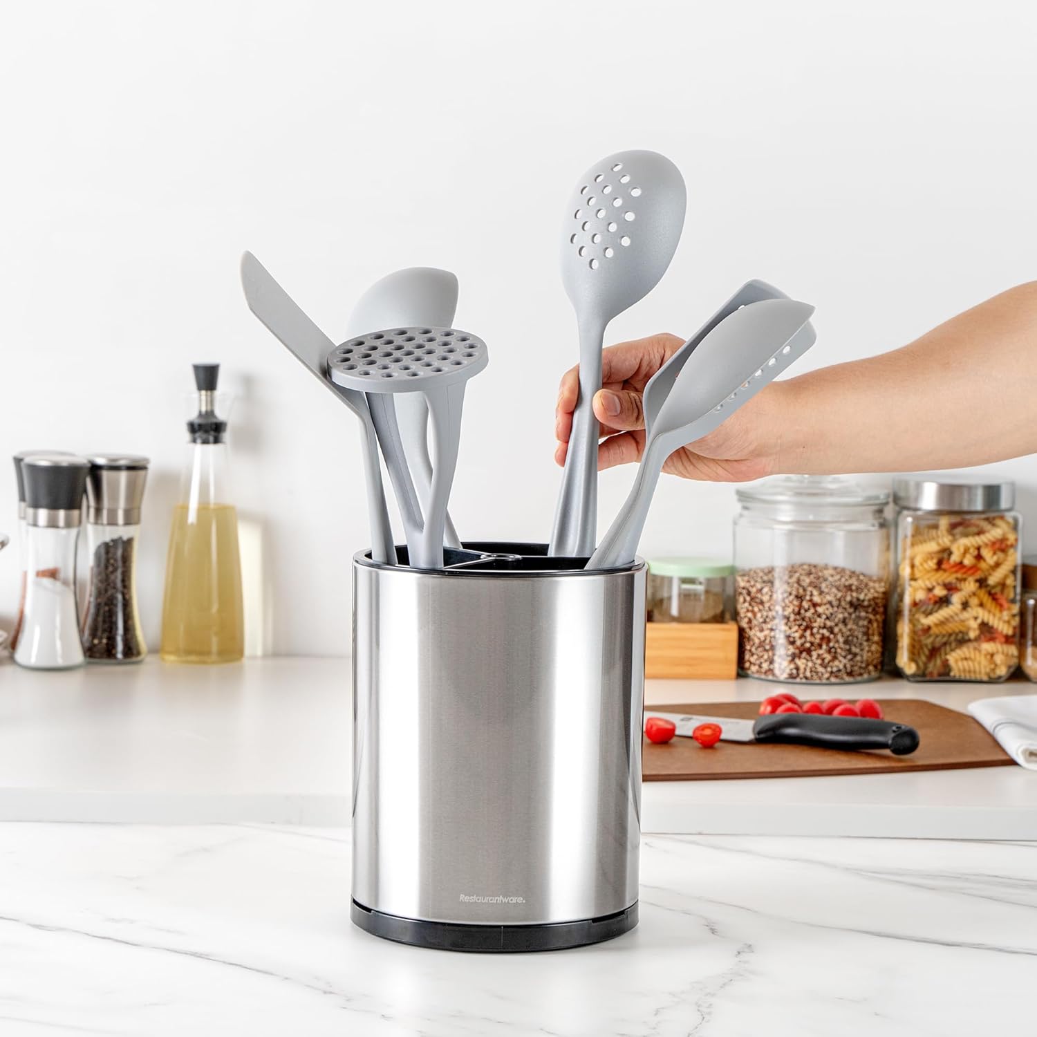 Restaurantware Stainless Steel Utensil Holder 1 Count 6.2 x 6.2 x 7.9 Inches Durable Cutlery Storage Flatware Organizer Rust-Resistant Sink Caddy Silver Kitchenware Holder