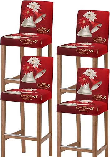 Miniatura 8 de Juego de 2 fundas elásticas para taburetes de bar con diseño de flor de pascua de Navidad, color rojo y blanco, extraíble y lavable, para cocina,