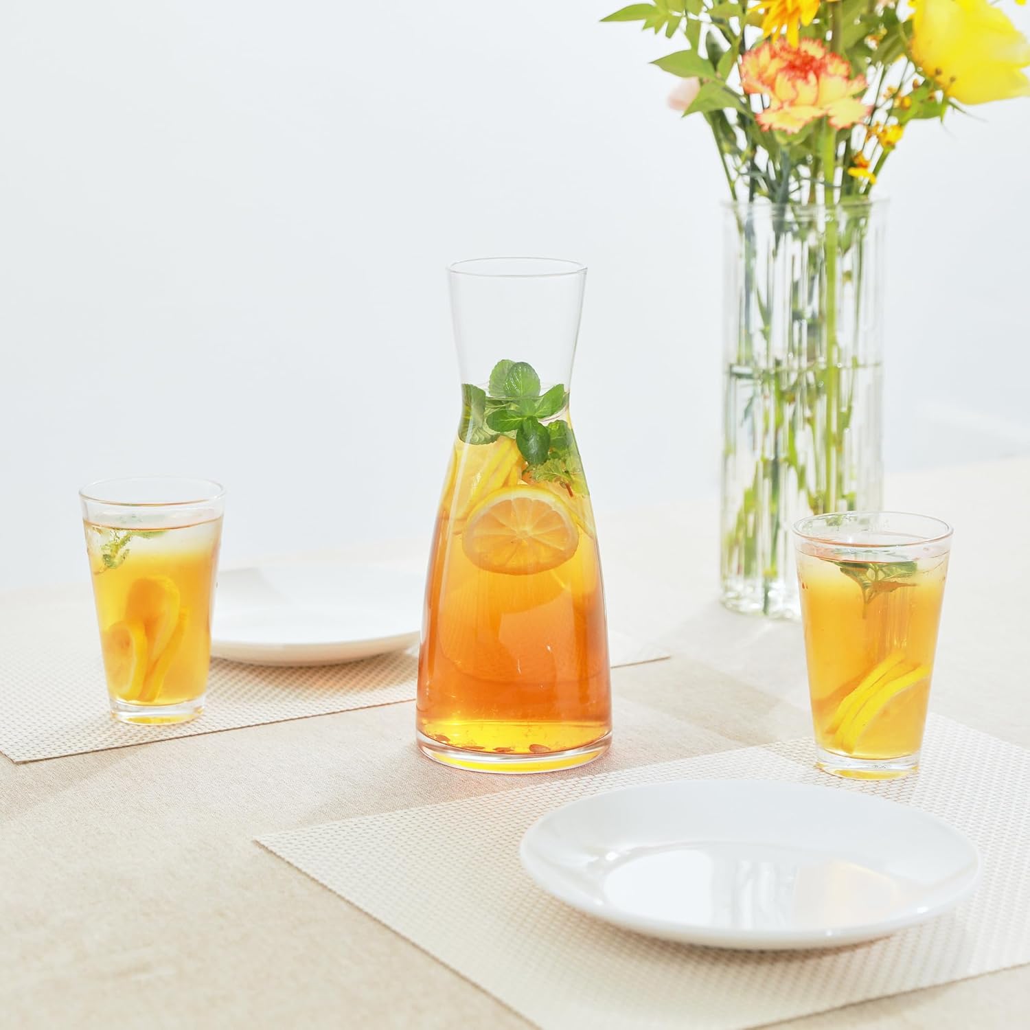 Restaurantware Glass Carafe - Vetri 1 Liter Beverage Serveware Carafe, Clear Glass Pitcher for Mimoza Bar - Water Bottle, Milk Container, Clear Beverage Containers