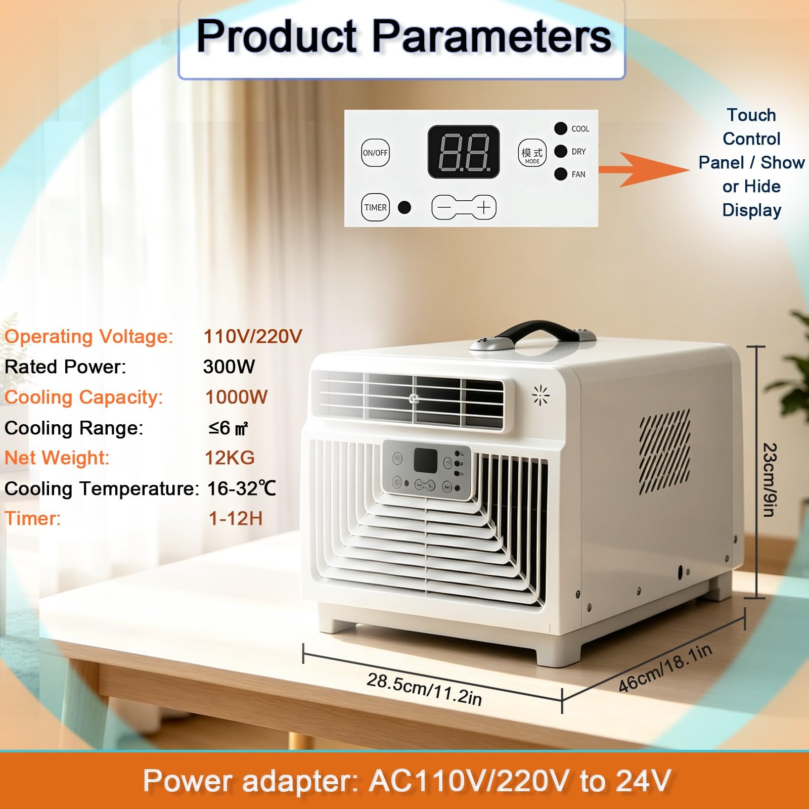 3400 BTU Aire Acondicionado Portátil con Calefacción, Pequeño Enfriador de Camping 300W con Compresor, Climatizador para Tienda, Remolque, Garaje, Espacio sin Ventanas, Silencioso