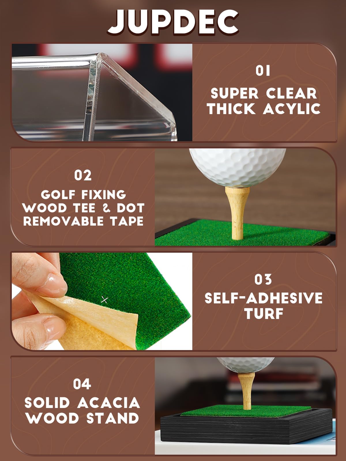 JupDec Vitrina para pelotas de golf, acrílico transparente, soporte de cubo con base de madera y camiseta, caja de almacenamiento transparente con protección contra el polvo para colecciones de