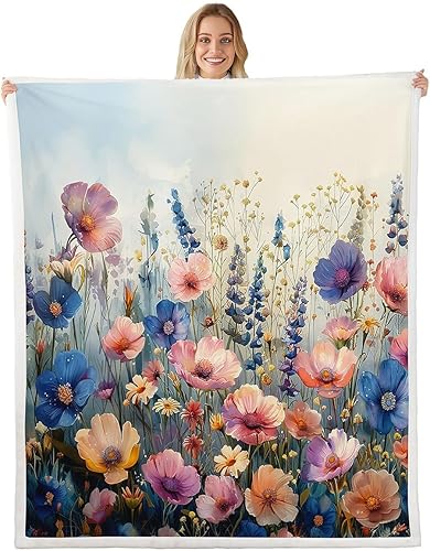 Miniatura 62 de Manfei Pink Flower Throw Blanket Watercolor Floral Leaves Print Fleece Blanket Plants Wildflower Cozy Throws for Bed Couch Sofa,Kids Boys Girls Room