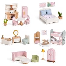 Giant bean 33PCS Wooden Dollhouse Furniture Set for Kids, Modern Pink Doll House Furniture Accessories with Bedroom, Nursery, Kitchen, Bathroom,Living Room, Montessori Pretend Play Toys for Girls 3+