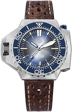 watchdives WD1968 Automatic Dive Watch for Men, 300M Water Resistant Sapphire Crystal Watch, Full Lume Ceramic Bezel BGW9 Luminous, 316L Stainless Steel Mechanical Watch with Leather Strap